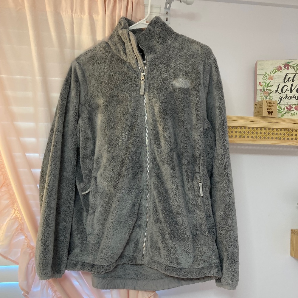 Women’s North Face gray fuzzy jacket . Size large